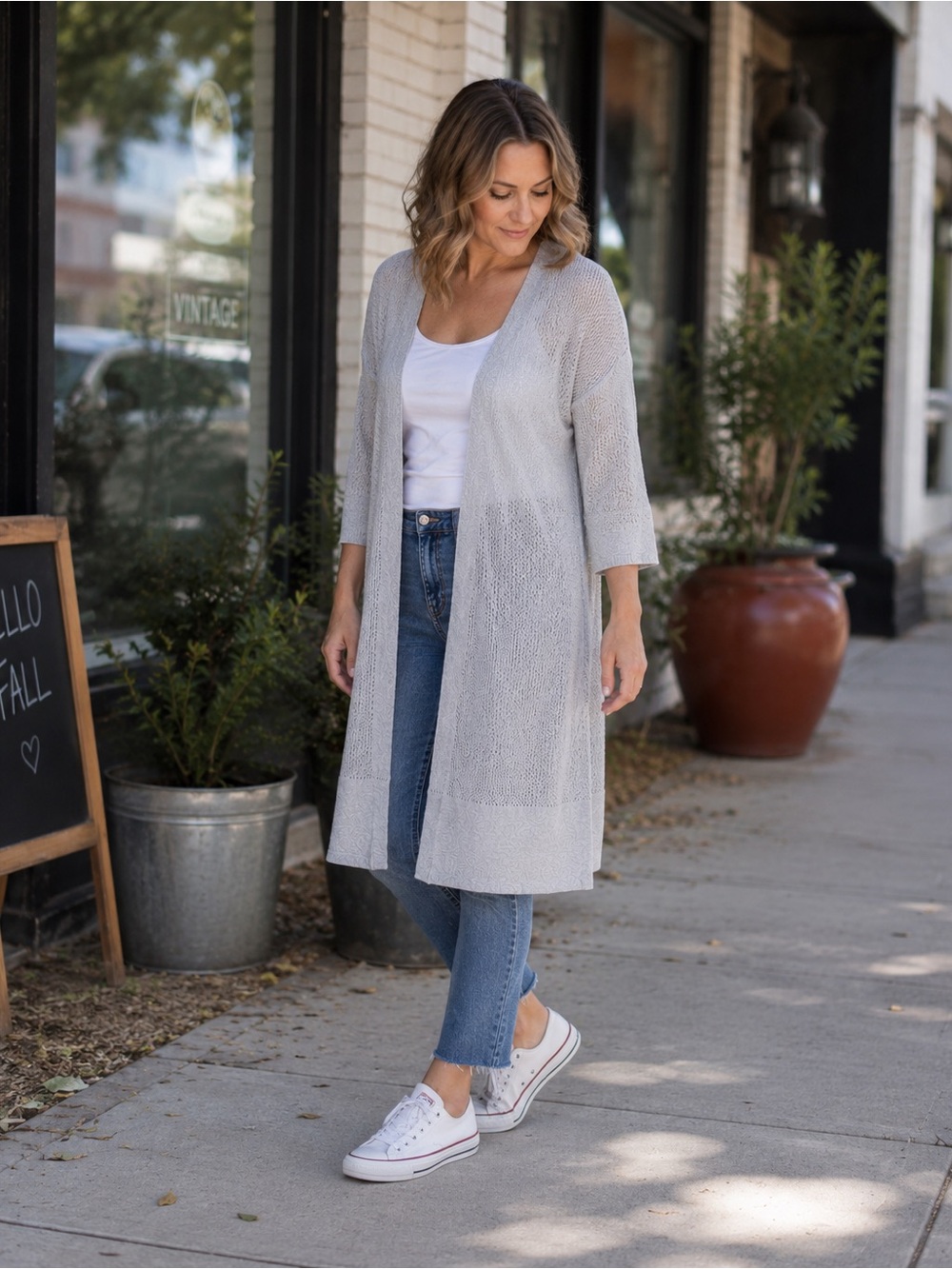 GAP XL Long Open Front Duster Cardigan Light Gray Knit 3/4 Sleeve Layering Sweat